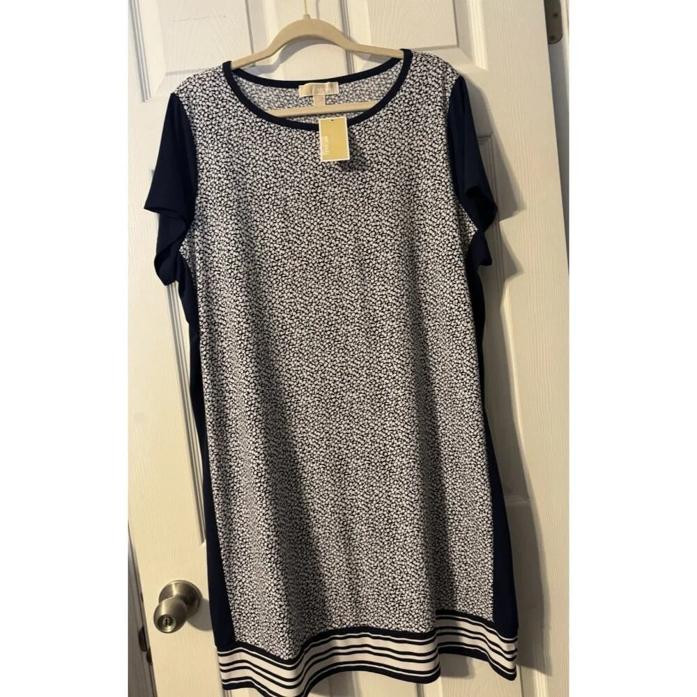 Michael Kors Shift Dress 2X Navy Blue Ivory White Short Sleeve Washable NEW - Picture 12 of 12